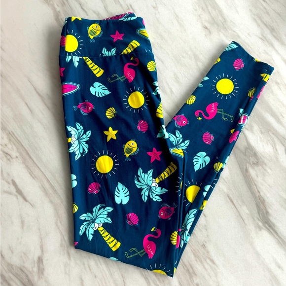 NEW RARE Lu Laroe Flamingo Palm Tree Florida Vacation Leggings - Picture 1 of 2